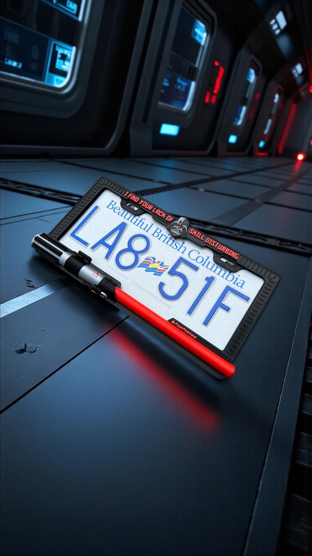 Galactic Dark Lord License Plate Frame – 3D Printed Red Saber PopPlate | Sci-Fi Car Accessory | Custom Geek Gift | Dark Aesthetic Car Mod