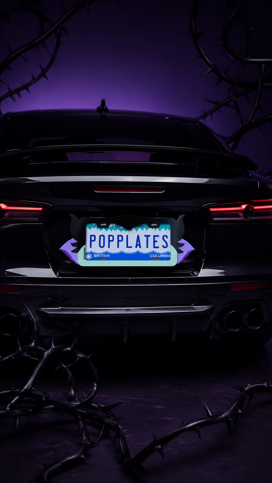 Dark Fairy Mistress x PopPlates — product scale comparison against standard North American 12 by 6 inch license plate, made in Vancouver BC