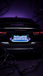 Dark Fairy Mistress x PopPlates — product scale comparison against standard North American 12 by 6 inch license plate, made in Vancouver BC
