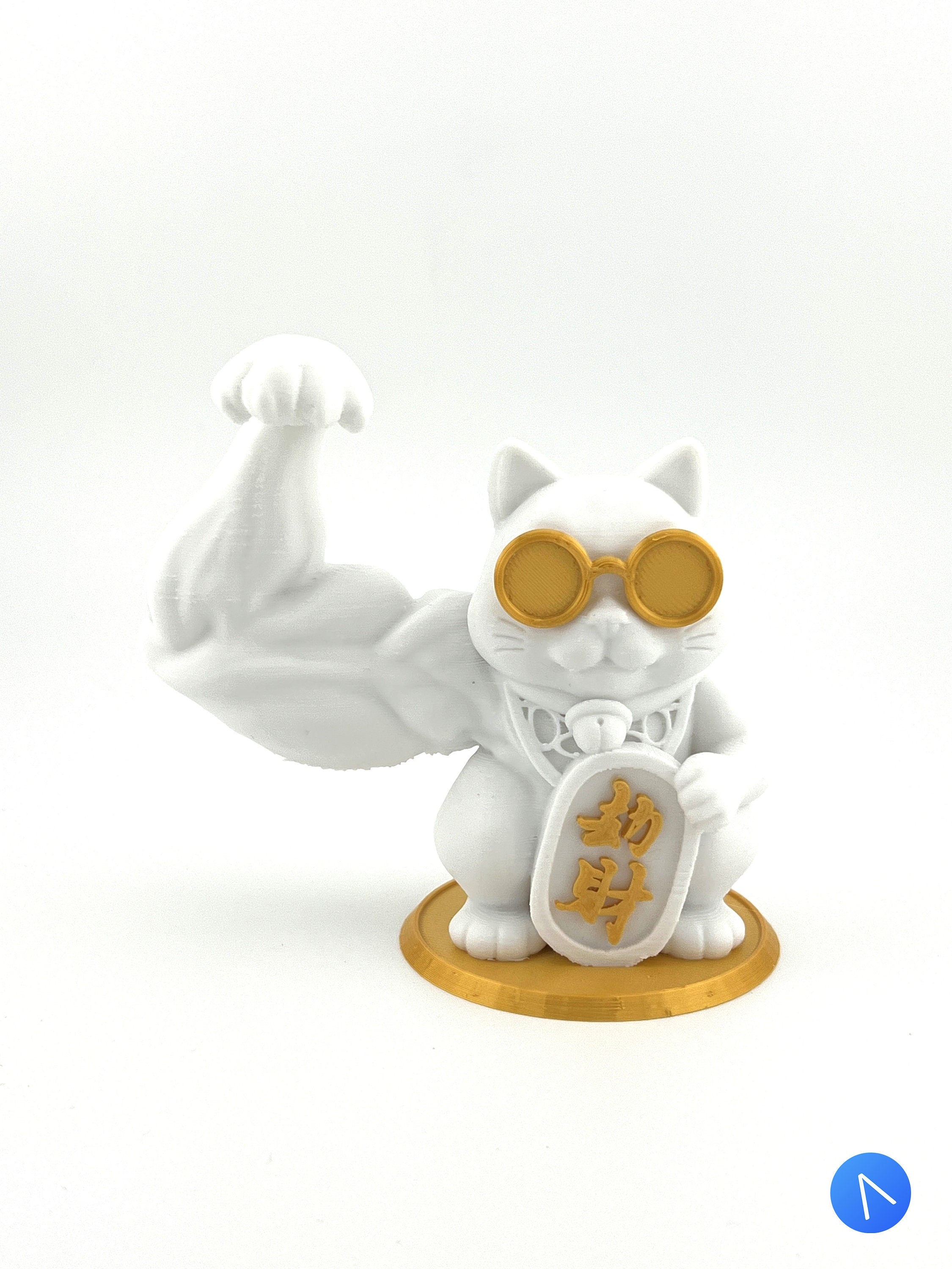 Maneki Neko Fortune Cat Figurine with Buff Muscular Swoll Arm - Zhao Can Moi, Maneki Neko Good Luck Cat, lucky cat, Japanese, home decor