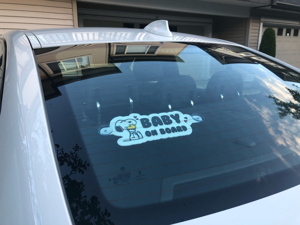 Snoopy Baby on Board Car Sign — 3D printed Snoopy and Woodstock window signage, made in Vancouver BC