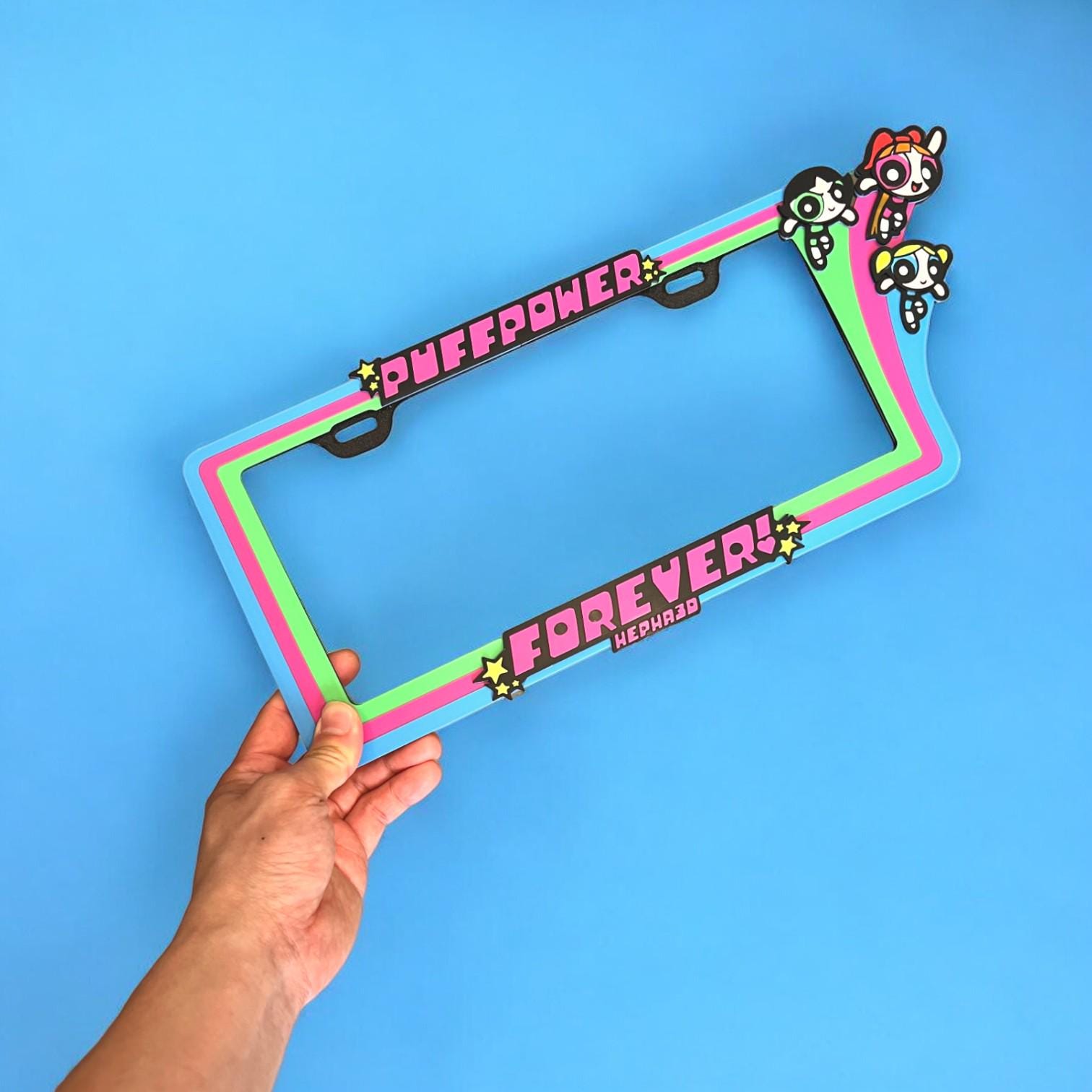 Powerpuff Girls x PopPlates — 3D printed retro cartoon license plate frame featuring Blossom, Bubbles, and Buttercup, made in Vancouver BC