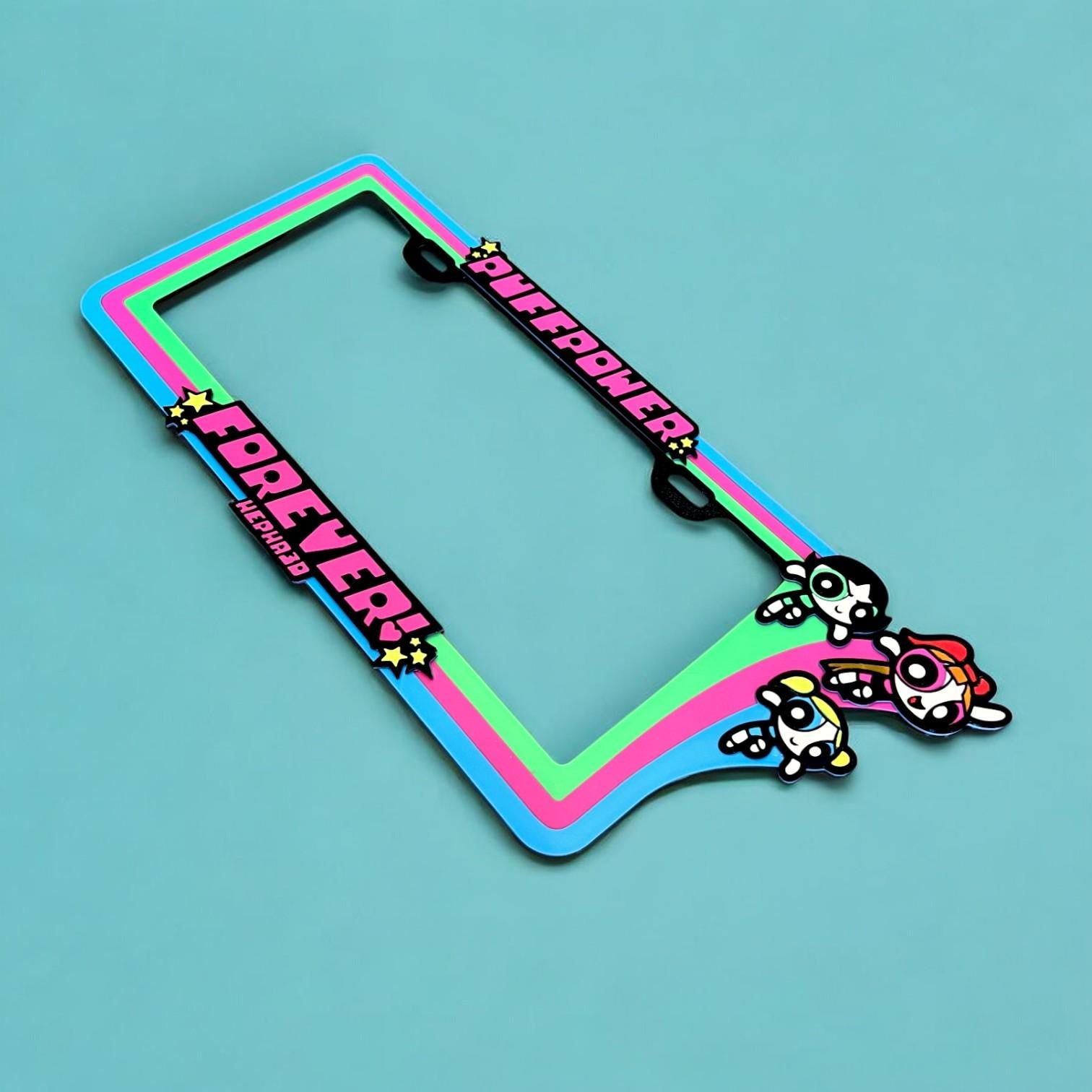 Powerpuff Girls x PopPlates — 3D printed retro cartoon license plate frame featuring Blossom, Bubbles, and Buttercup, made in Vancouver BC