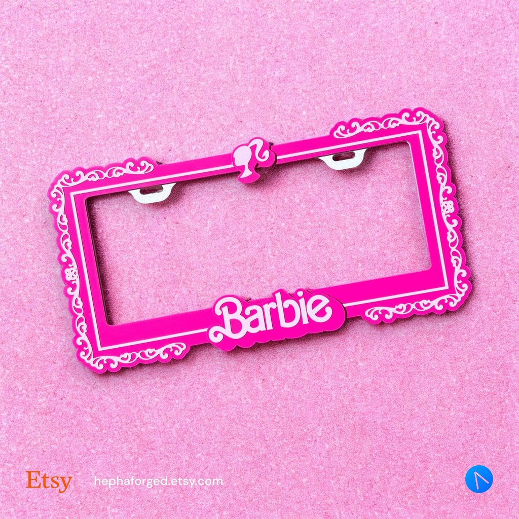 Barbie Dolly x PopPlates — 3D printed pink pop-culture license plate frame with Barbie-inspired dolly details, made in Vancouver BC
