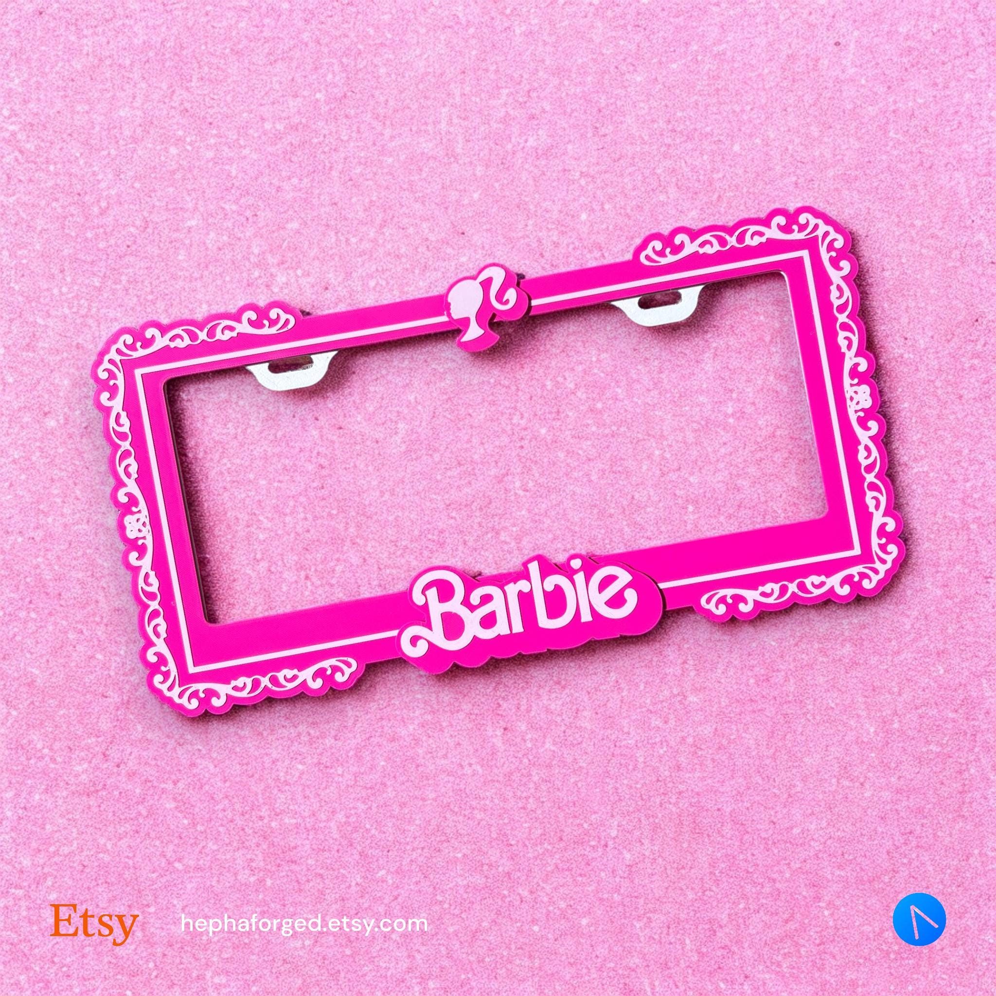 Barbie Dolly x PopPlates — 3D printed pink pop-culture license plate frame with Barbie-inspired dolly details, made in Vancouver BC