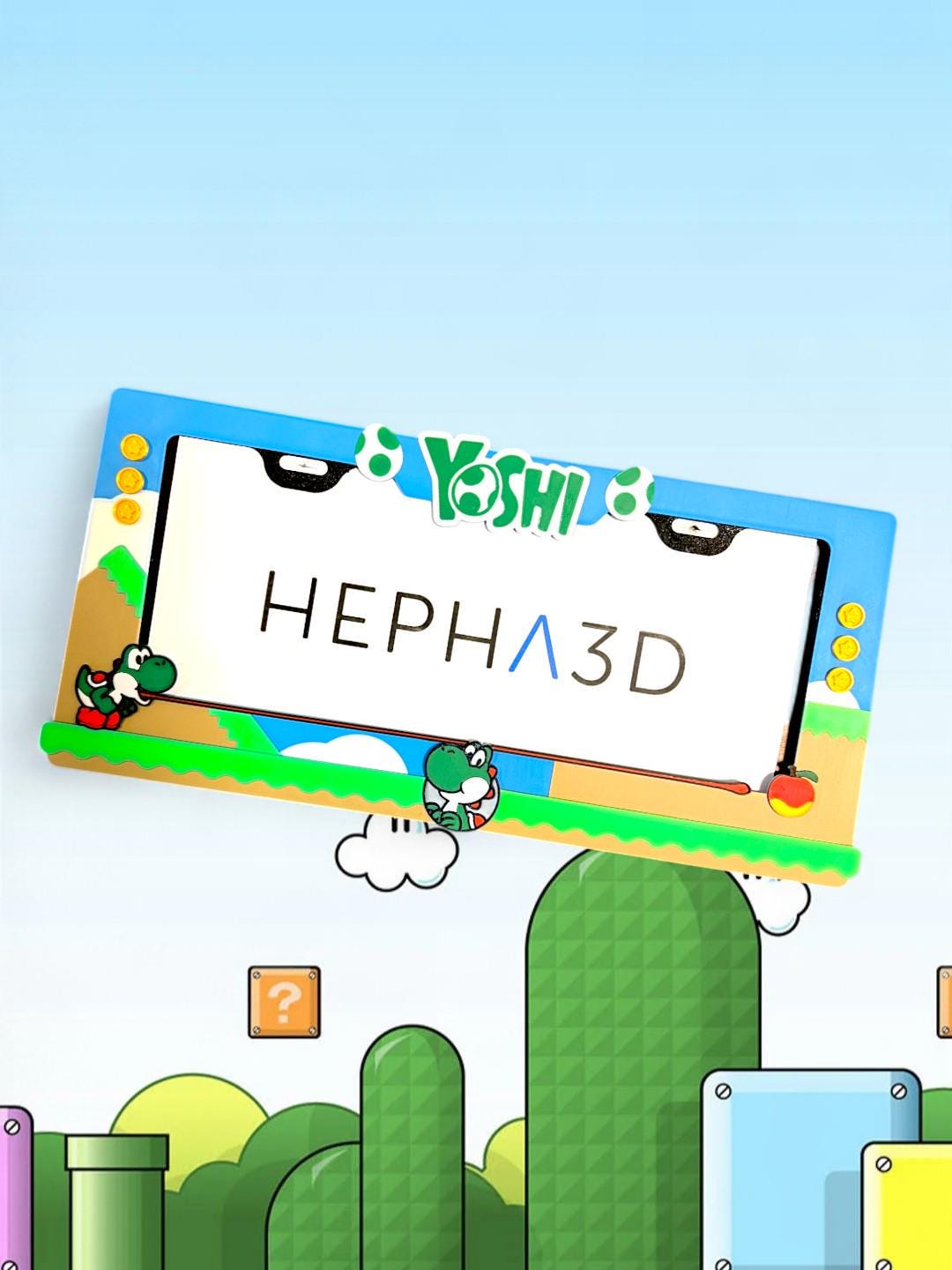 Yoshi x PopPlates — 3D printed Nintendo-inspired license plate frame featuring Yoshi with shell and egg accents, made in Vancouver BC