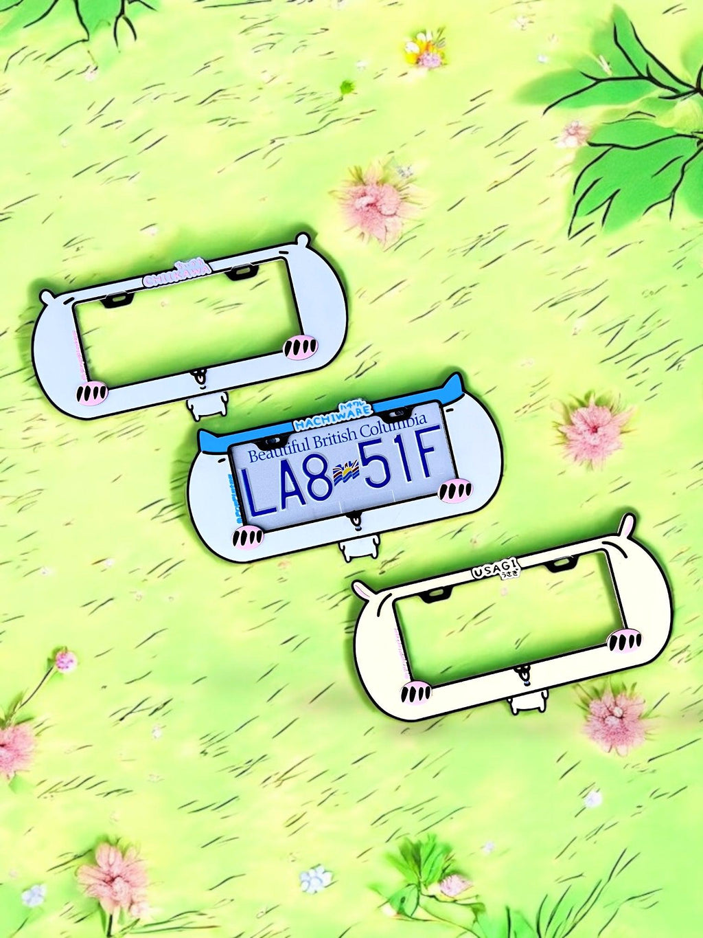 Chiikawa x PopPlates — 3D printed kawaii anime license plate frame featuring Chiikawa, Usagi, and Hachiware characters, made in Vancouver BC