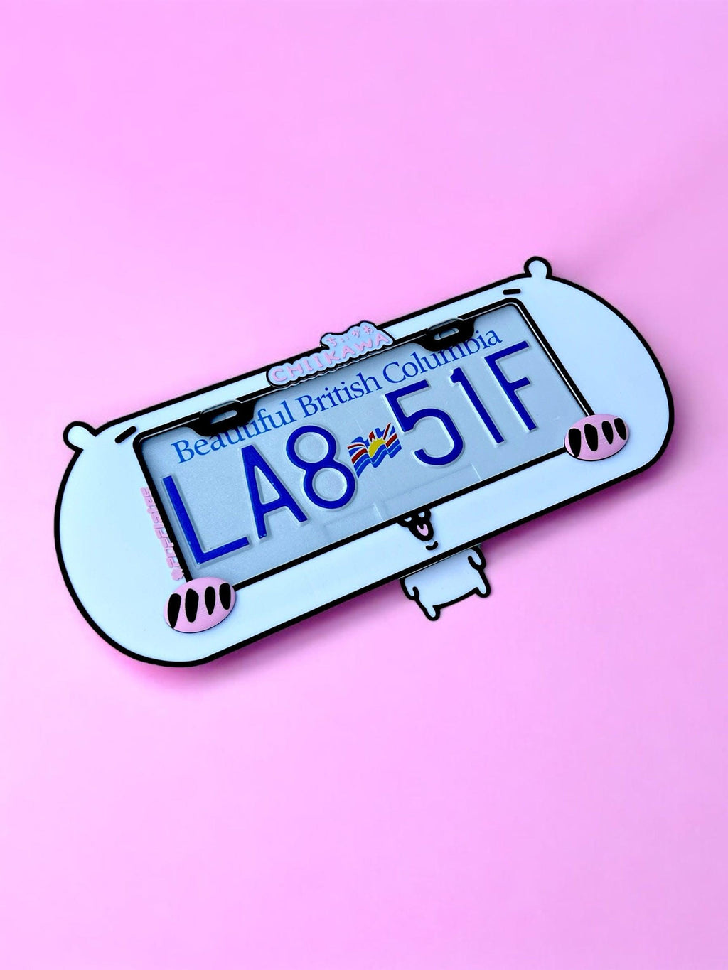 Chiikawa x PopPlates — 3D printed kawaii anime license plate frame featuring Chiikawa, Usagi, and Hachiware characters, made in Vancouver BC