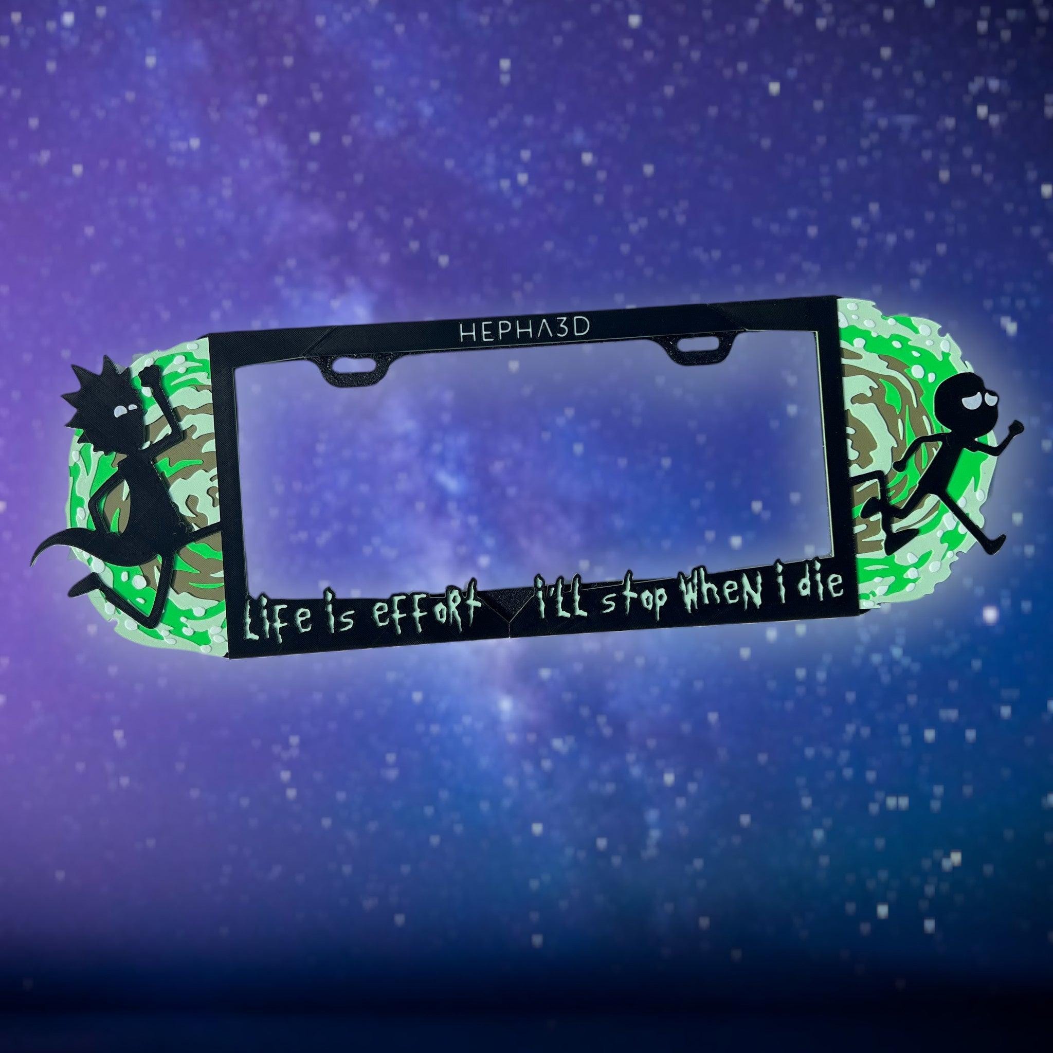 Rick and Morty x PopPlates — 3D printed sci-fi cartoon license plate frame with dual portal gun character details, made in Vancouver BC Main image