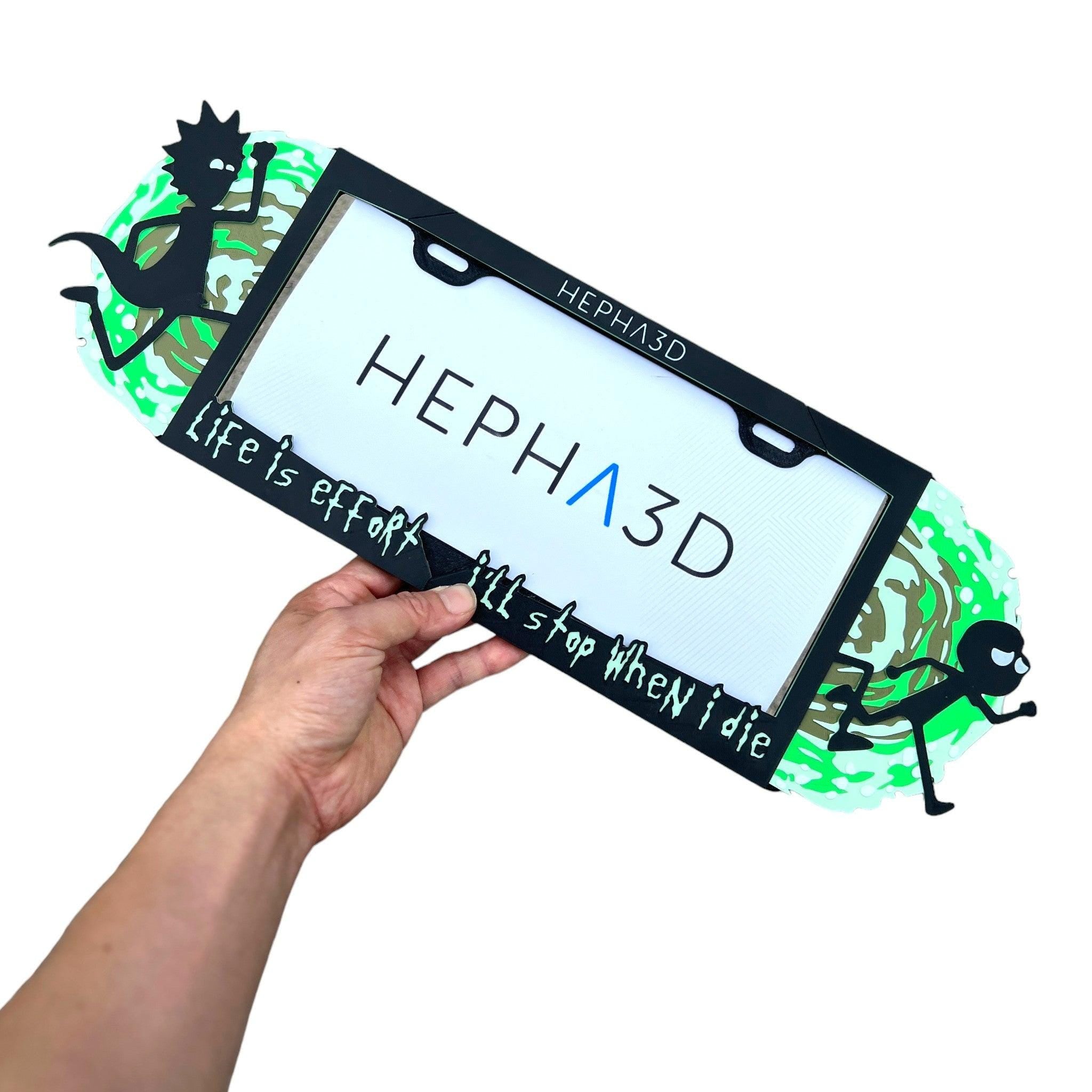Rick and Morty x PopPlates — 3D printed sci-fi cartoon license plate frame with dual portal gun character details, made in Vancouver BC