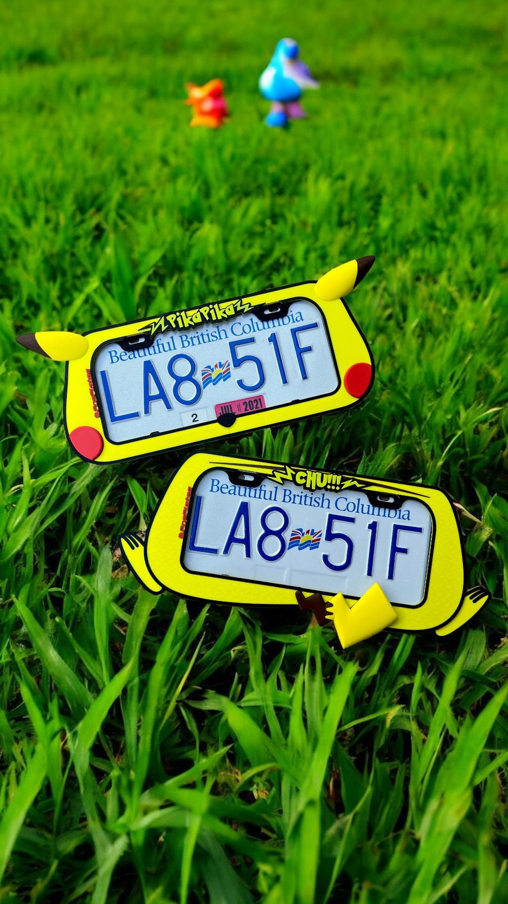 Pikachu x PopPlates — 3D printed Pokemon license plate frame, available in face and butt variants, made in Vancouver BC
