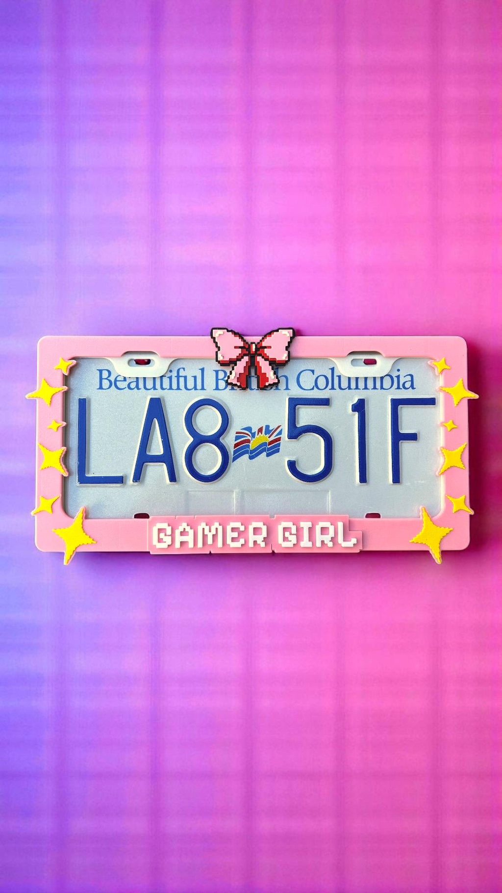 Gamer Girl x PopPlates — 3D printed pixel-style gaming license plate frame with customizable text option, made in Vancouver BC
