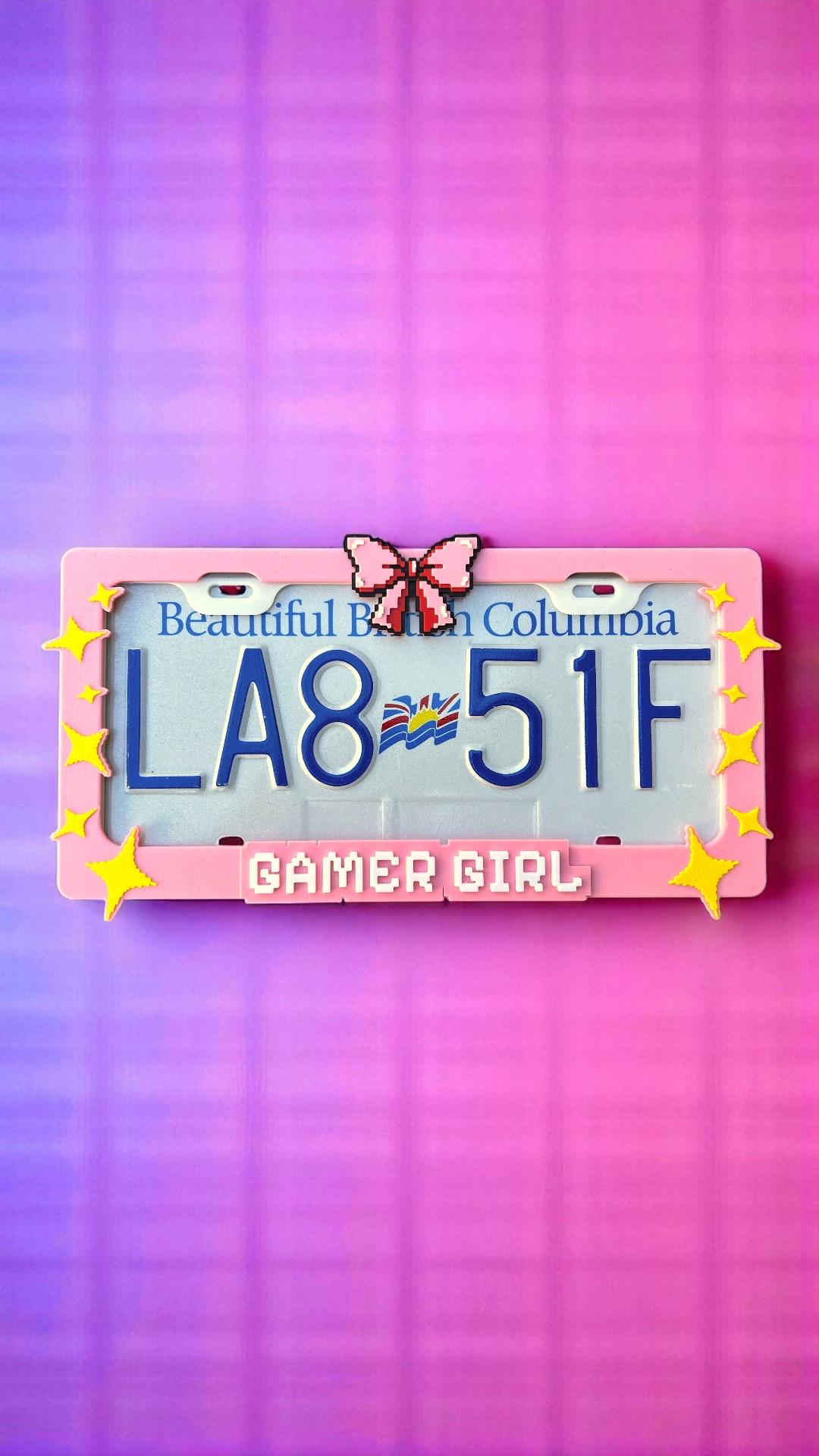 Gamer Girl x PopPlates — 3D printed pixel-style gaming license plate frame with customizable text option, made in Vancouver BC