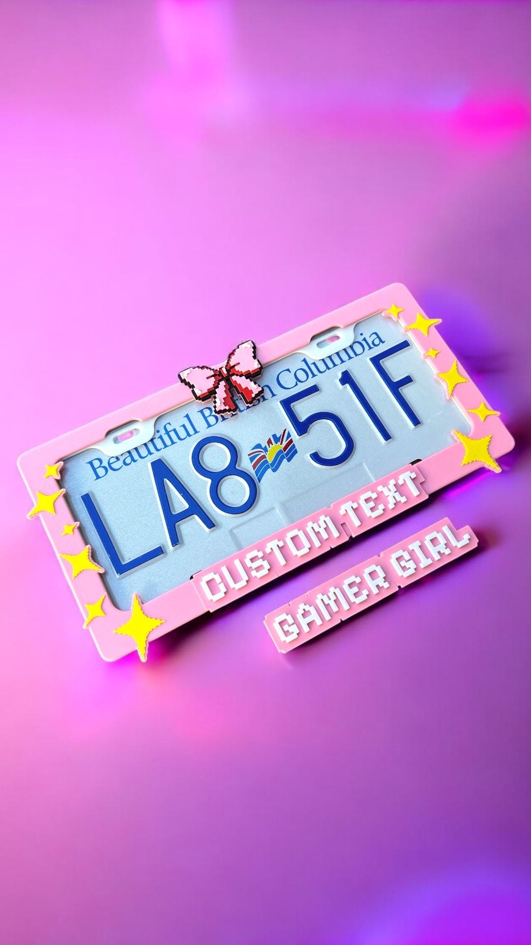 Gamer Girl x PopPlates — 3D printed pixel-style gaming license plate frame with customizable text option, made in Vancouver BC