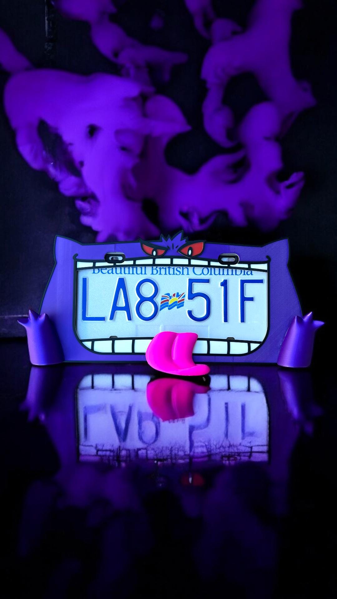 Gengar VMAX x PopPlates — large-scale 3D printed Pokemon license plate frame with Gengar's wide grin and shadow details, made in Vancouver BC Main image
