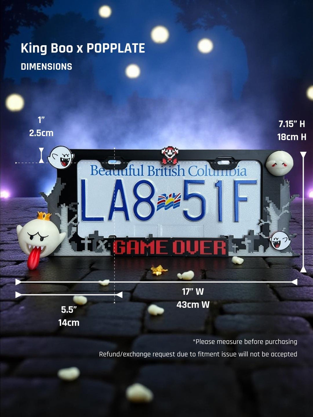 Mario King Boo x PopPlates — 3D printed glow-in-the-dark Super Mario license plate frame featuring King Boo ghost character, made in Vancouver BC