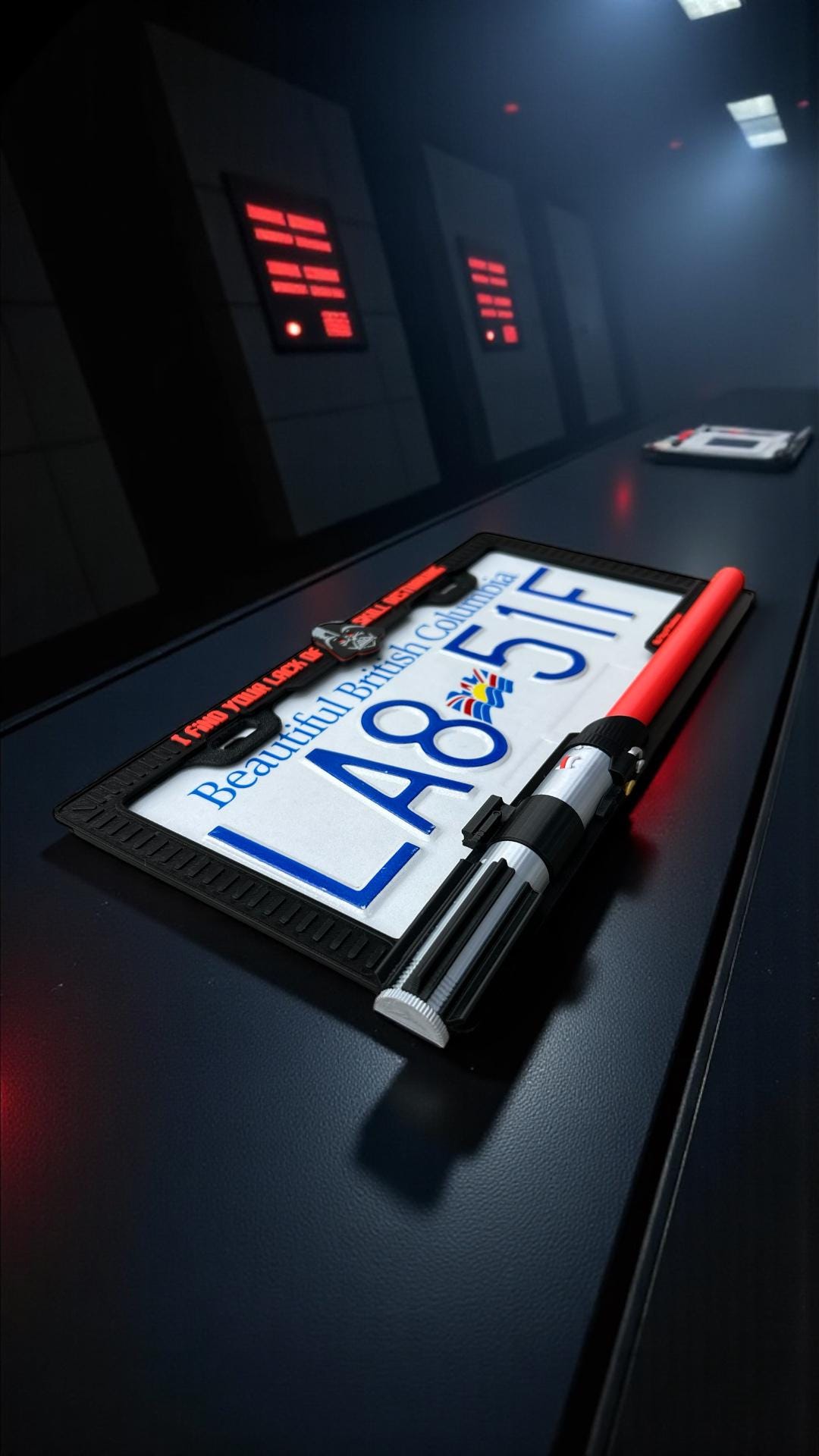 Galactic Dark Lord License Plate Frame – 3D Printed Red Saber PopPlate | Sci-Fi Car Accessory | Custom Geek Gift | Dark Aesthetic Car Mod