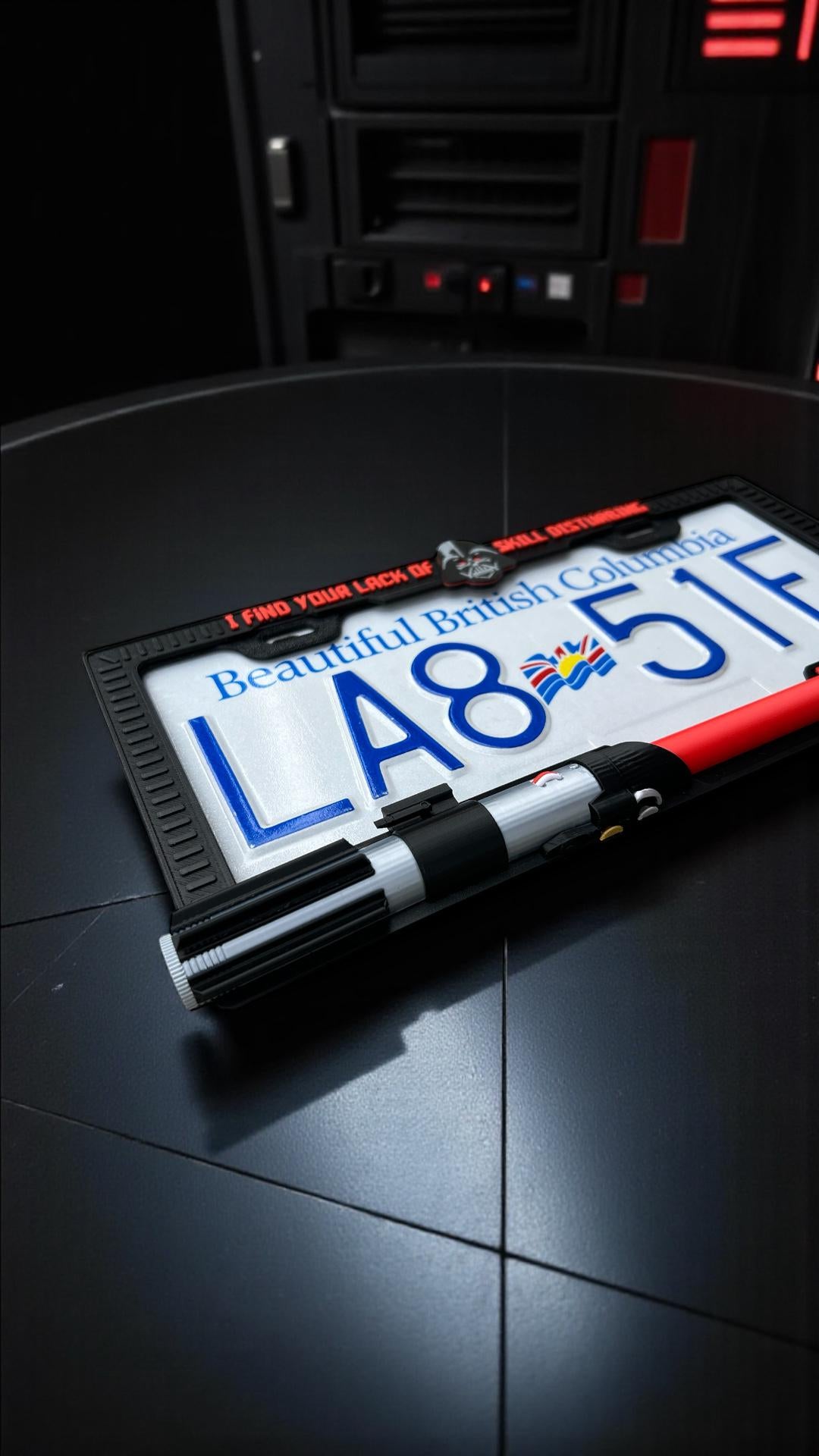 Galactic Dark Lord License Plate Frame – 3D Printed Red Saber PopPlate | Sci-Fi Car Accessory | Custom Geek Gift | Dark Aesthetic Car Mod